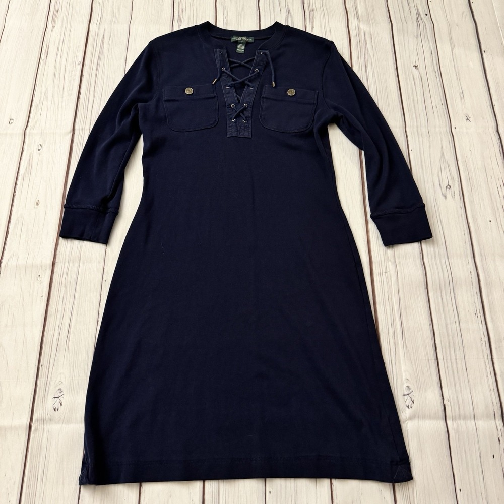 Lauren Ralph Lauren Dress Womens Small Blue Stretch Midi LRL Ladies Navy Blue